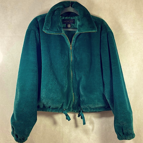 PINK Know One Cares Green Faux Fur Bomber Jacket - Picture 2 of 4